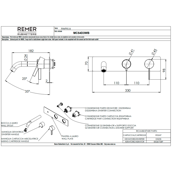 Смеситель для ванны Remer Metrica MC54D3WBBG, золото брашированное