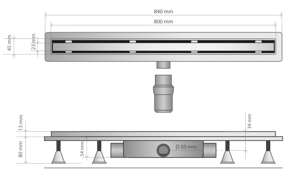 Дренажный канал 80 см, решетка под плитку, сухой затвор, ABS, горизонтальный выход OMP Tea Basicflow 4943.273.8