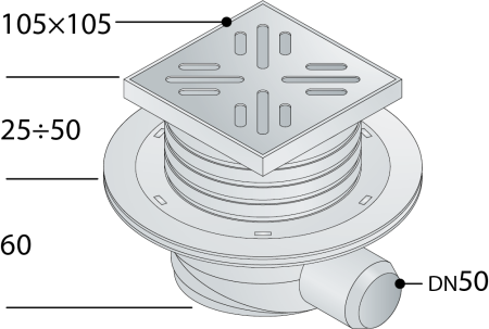 Трап 105х105 мм, горизонтальный выход DN50 OMP Tea Wang 265.201.8