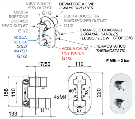 Смеситель термостатический для душа Remer Elegance NT93DO, золото глянцевое