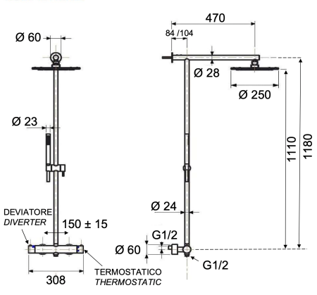 Душевая система термостатическая Remer X Style INOX SSXT37UFM25, нержавеющая сталь