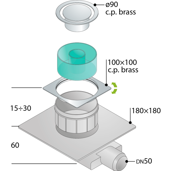 Трап 180х180 мм, гидрозатвор, горизонтальный выход OMP Tea Tirana 2665.295.8