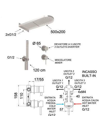 Душевая система Remer X Style INOX SSX93PS02MMCA, нержавеющая сталь