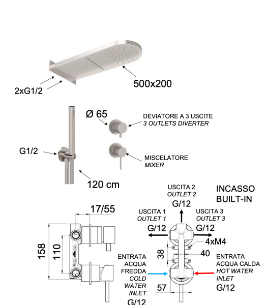 Душевая система Remer X Style INOX SSX93PS02MMCA, нержавеющая сталь