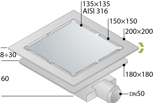 Трап 135х135 мм, решетка под плитку, горизонтальный выход OMP Tea Tirana Unseen 2665.698.8