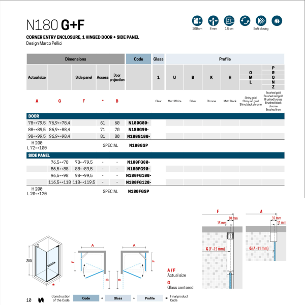 Дверь распашная 90 см (88-89,5x200) Novellini N180 N180G90-1K, профиль Chrome, стекло прозрачное CrystalClear