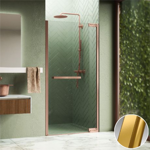 Дверь в нишу распашная 90 см (88,5-90x200) Novellini N180 N1801B90-1P, профиль Brushed Gold, стекло прозрачное CrystalClear