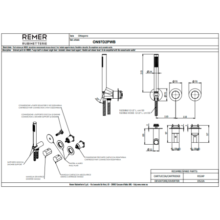 Смеситель для душа Remer Ottagono ON97D2PWBCU, медь брашированная PVD