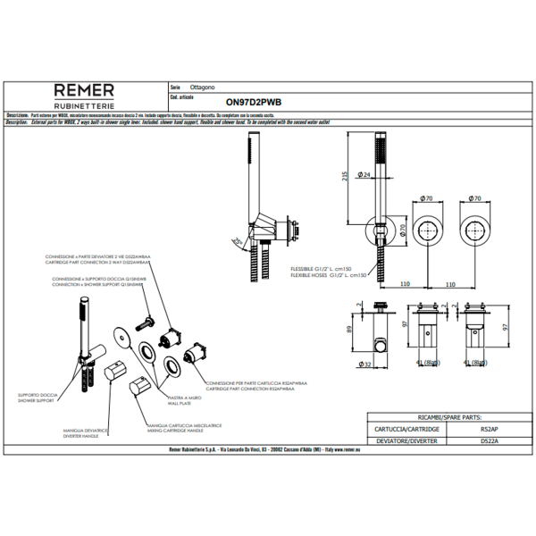 Смеситель для душа Remer Ottagono ON97D2PWBCFP, черный брашированный хром