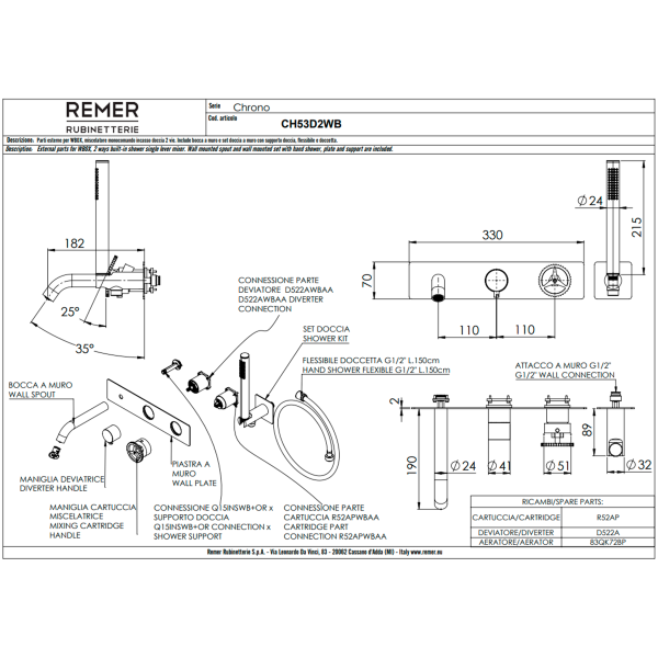 Смеситель для ванны Remer Chrono CH53D2WBBO, белый матовый