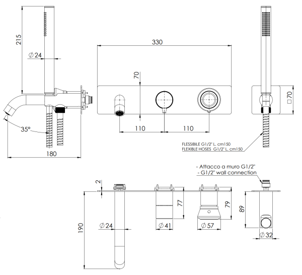 Смеситель для ванны Remer Element ET53D2WBBG, золото брашированное