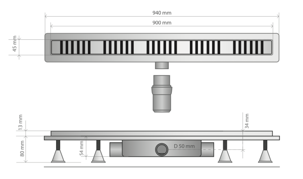 Дренажный канал 90 см, сухой затвор, ABS, горизонтальный выход OMP Tea Basicflow 4943.376.8
