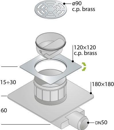 Трап 120х120 мм, горизонтальный выход DN50 OMP Tea Tirana 2665.591.8