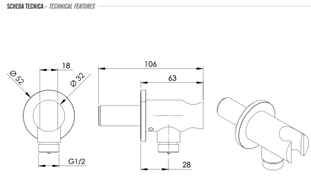 Держатель ручного душа с подключением шланга Remer INOX SS337M, нержавеющая сталь