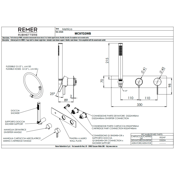 Смеситель для душа Remer Metrica MC97D2WBBR, бронза масляная