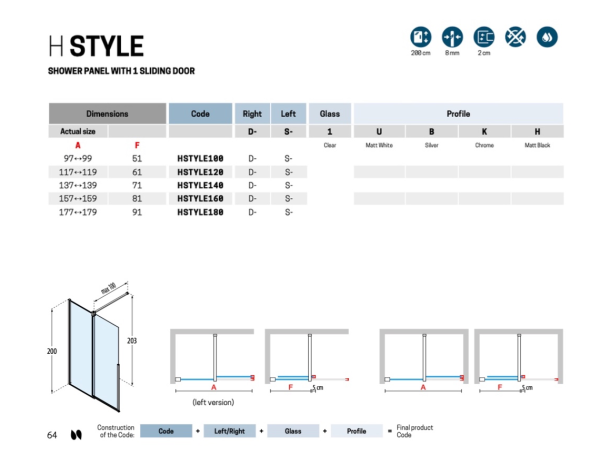 Дверь в нишу сдвижная 140 см (137-139x200) Novellini H Style HSTYLE140S-1B, левая, профиль Silver, стекло прозрачное CrystalClear