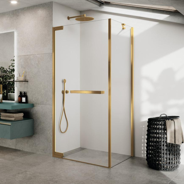 Дверь распашная 90 см (88-89,5x200) Novellini N180 N180G90-1P, профиль Brushed Gold, стекло прозрачное CrystalClear