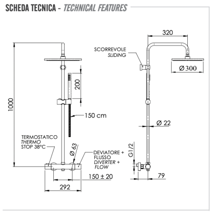 Душевая система термостатическая Remer Elegance EQ32X7MMM30CFP, черный брашированный хром