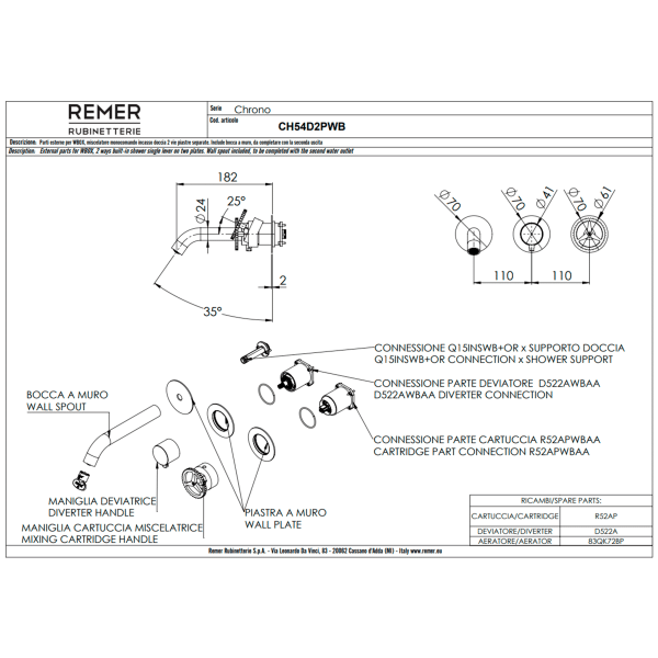Смеситель для ванны Remer Chrono CH54D2PWBBO, белый матовый