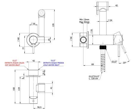Гигиенический душ со смесителем Remer X Style X65C25W