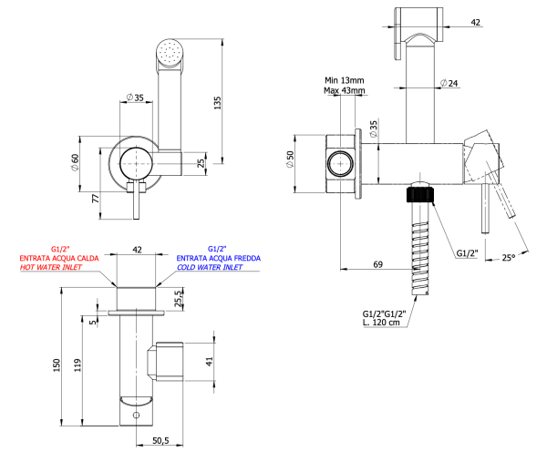 Гигиенический душ со смесителем Remer X Style X65C25WXV, сталь