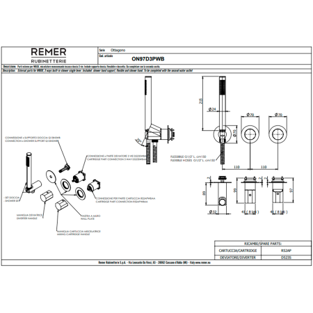 Смеситель для душа Remer Ottagono ON97D3PWBRP, медь брашированная
