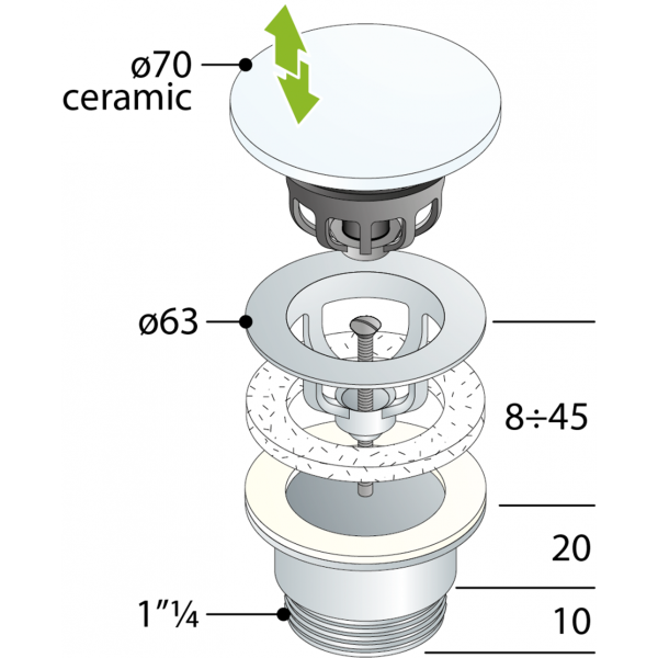 Донный клапан универсальный с керамической крышкой 1”1/4 OMP Tea 7532.310.5.T1, белый матовый
