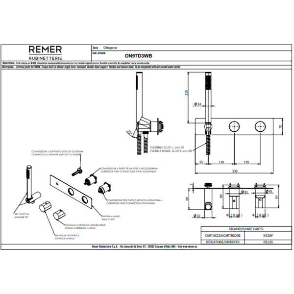 Смеситель для душа Remer Ottagono ON97D3WBCU, медь брашированная PVD