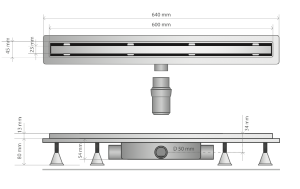 Дренажный канал 60 см, решетка под плитку, гидрозатвор, ABS, горизонтальный выход OMP Tea Basicflow 4943.803.8