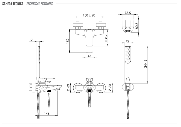 Смеситель для ванны Remer Infinity I02DO, золото глянцевое