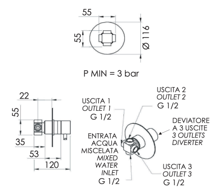 Дивертер на 3 выхода Remer X Style N93DEV3NO, черный матовый