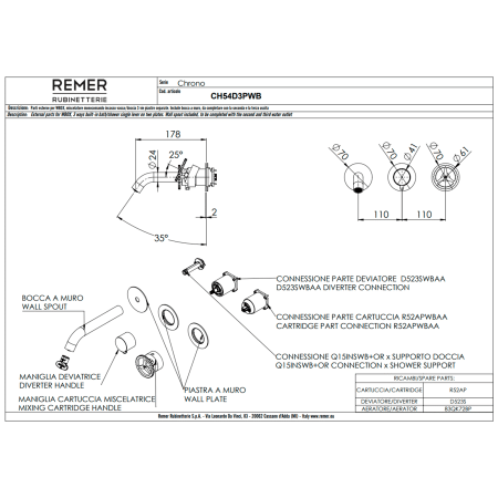 Смеситель для ванны Remer Chrono CH54D3PWBDO, золото глянцевое