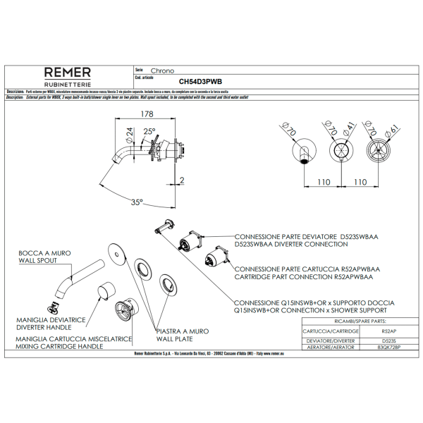 Смеситель для ванны Remer Chrono CH54D3PWBCFP, черный брашированный хром