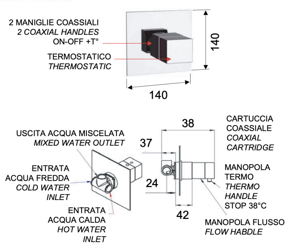 Смеситель термостатический для душа Remer Q-Elegance QT30BG, золото брашированное