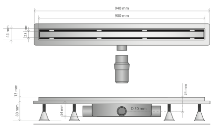 Дренажный канал 90 см, решетка под плитку, сухой затвор, ABS, горизонтальный выход OMP Tea Basicflow 4943.373.8