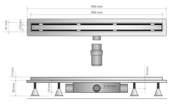 Дренажный канал 90 см, решетка под плитку, сухой затвор, ABS, горизонтальный выход OMP Tea Basicflow 4943.373.8
