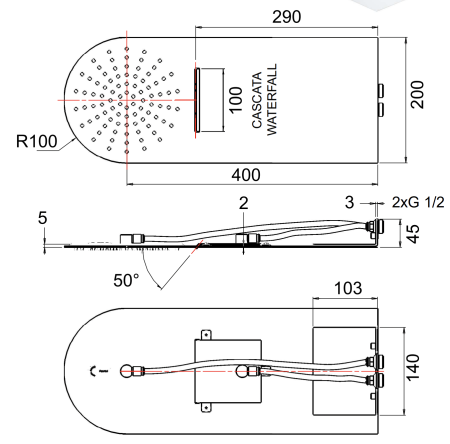 Верхний душ настенный 50x20 см Remer 350UFMCANOX, черный матовый