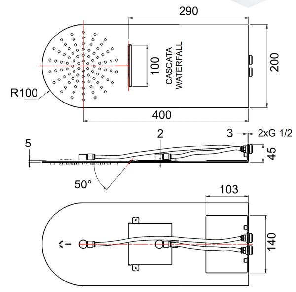 Верхний душ настенный 50x20 см Remer 350UFMCANOX, черный матовый