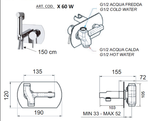 Гигиенический душ со смесителем Remer X Style X60W
