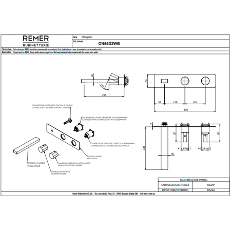 Смеситель для ванны Remer Ottagono ON54D2WBGP, золото глянцевое PVD