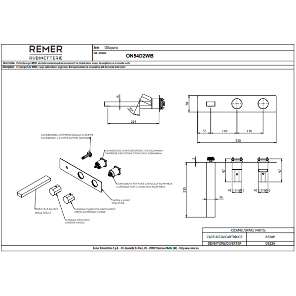 Смеситель для ванны Remer Ottagono ON54D2WBDO, золото глянцевое