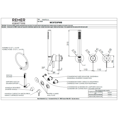 Смеситель для душа Remer Metrica MC97D3PWBBR, бронза масляная