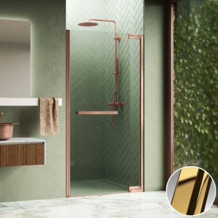 Дверь в нишу распашная 90 см (88,5-90x200) Novellini N180 N1801B90-1O, профиль Shiny Gold, стекло прозрачное CrystalClear