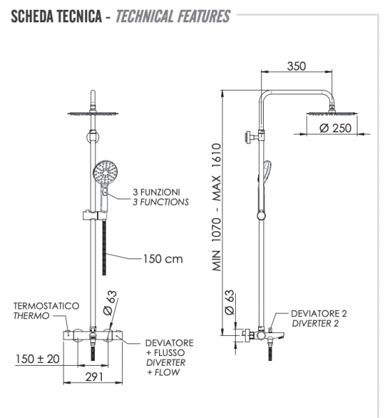 Душевая система термостатическая с изливом Remer EQ34A8MPUFM25NO, черный матовый