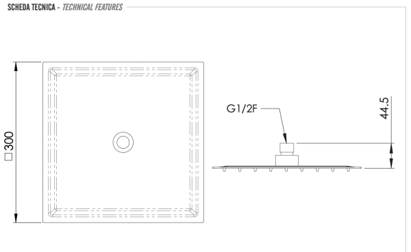 Верхний душ с шарнирным соединением 30 см Remer INOX SS357UFS30X, нержавеющая сталь