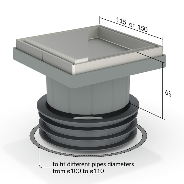 Трап 115х115 мм, решетка 2 в 1, сухой затвор OMP Tea Kalamata Tileable 9977.592.9