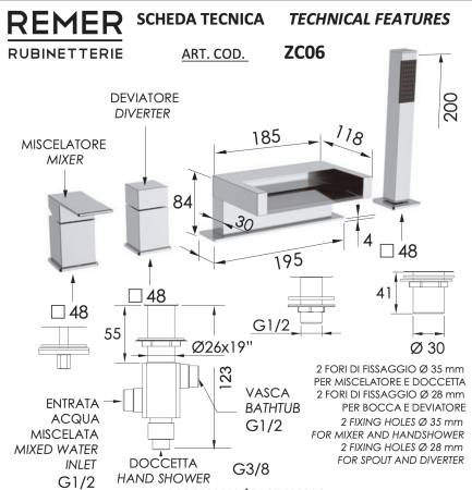 Смеситель Remer ZC06 для ванны